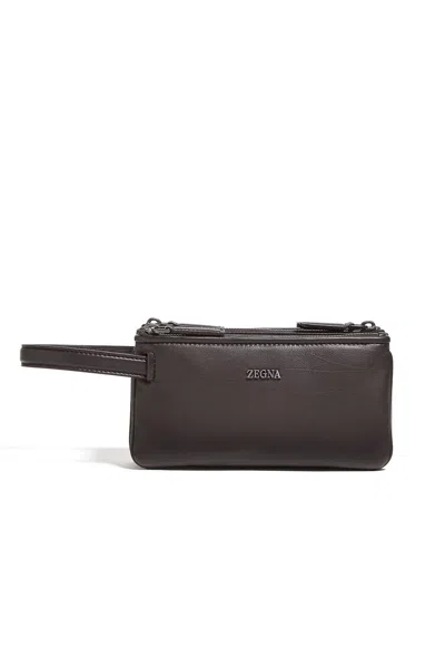 Zegna Second Skin Leather Pouch In Brown