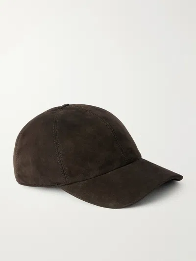 Zegna Secondskin Logo-embellished Leather-trimmed Suede Baseball Cap In Brown