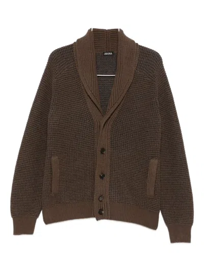 Zegna Shawl-collar Waffle-knit Cardigan In Brown