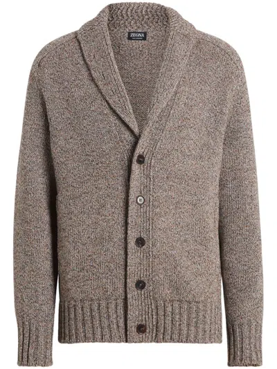 Zegna Shawl-lapels Cardigan In Dark Foliage/taupe