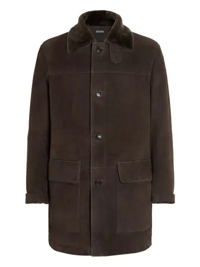 Zegna Shearling-collar Suede Coat In Brown