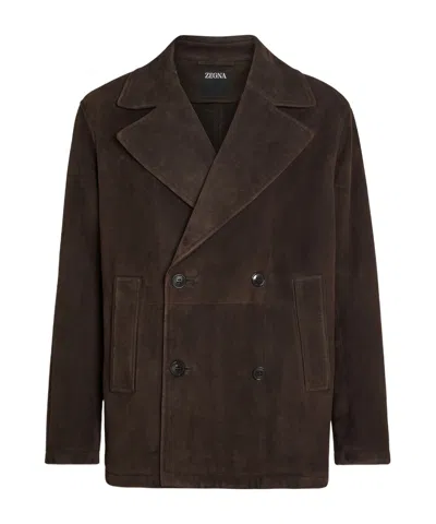 Zegna Shearling Wool Peacoat In Brown