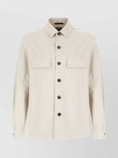 Zegna Shirt Linen Blend Chest Pockets In White