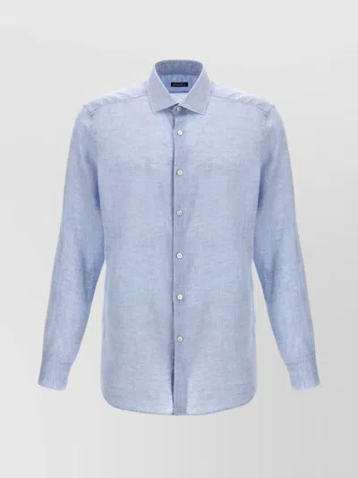 Zegna Linen Shirt Button Long Cuffed In Light Blue