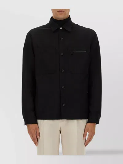 Zegna Button-up Wool Shirt With Zip Pocket Detail In Black