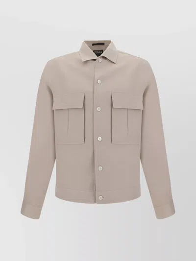 Zegna Shirt With Chest Pockets And Monochrome Pattern In Neutral