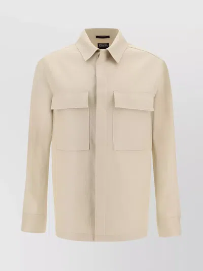 Zegna Shirt With Flap Pockets And Monochrome Pattern In Neutral