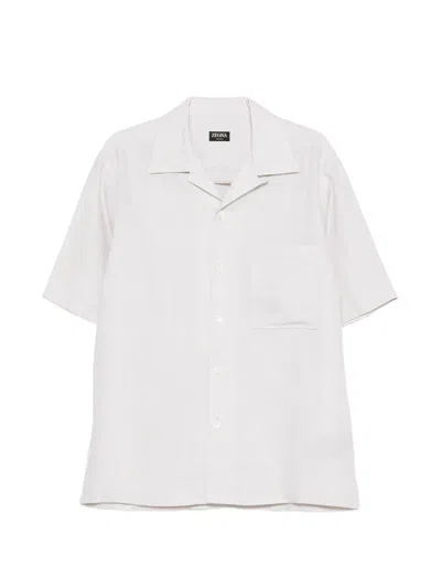 Zegna Oasi Lino Shirt Cuban Collar Chest Pocket In White