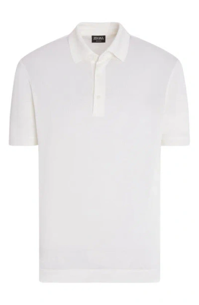 Zegna Short Sleeve Silk Bird's Eye Piqué Polo In Bianco