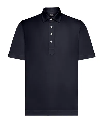 Zegna Short-sleeved Button-down Polo Shirt In Blue