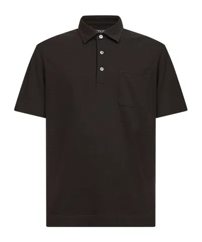 Zegna Dark Brown Cotton Pique Polo Shirt With Chest Pocket In Purple