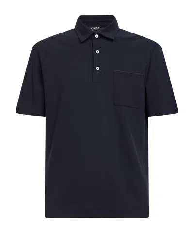 Zegna Navy Blue Cotton Pique Polo Shirt With Chest Pocket