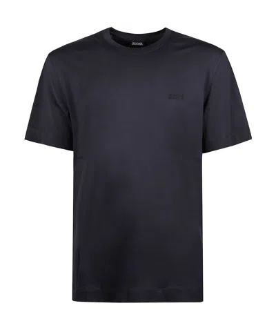 Zegna Logo Embroidered Crew Neck Short Sleeve T-shirt In Blue
