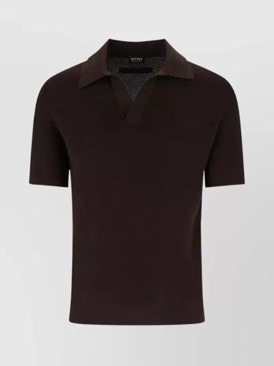Zegna Short Sleeves Polo Collar Textured Fabric In Brown