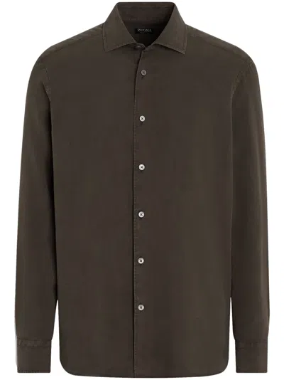 Zegna Chemise En Soie In Dark Brown