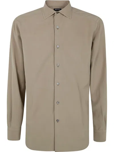 Zegna Silk Long Sleeve Shirt In Olive Green