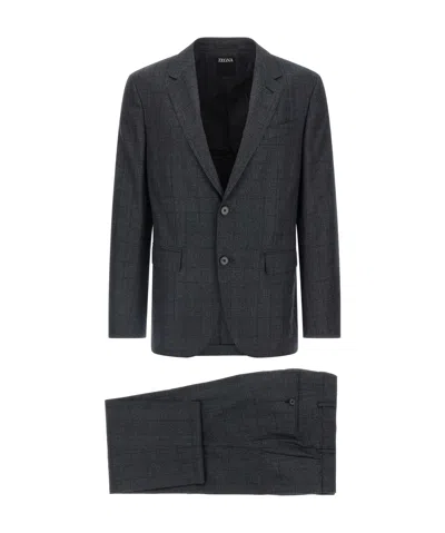 Zegna Single-breasted Blazer And Trousers Two-piece Set In Gray