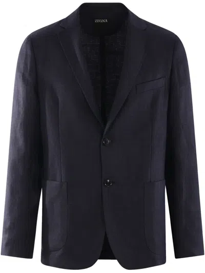 Zegna Single Breasted Blazer In Blue Navy