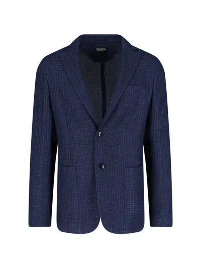 Zegna Single-breasted Blazer - Navy In Teal Blue