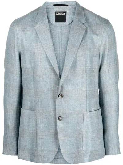 Zegna Notched-lapels Single-breasted Blazer In Blue