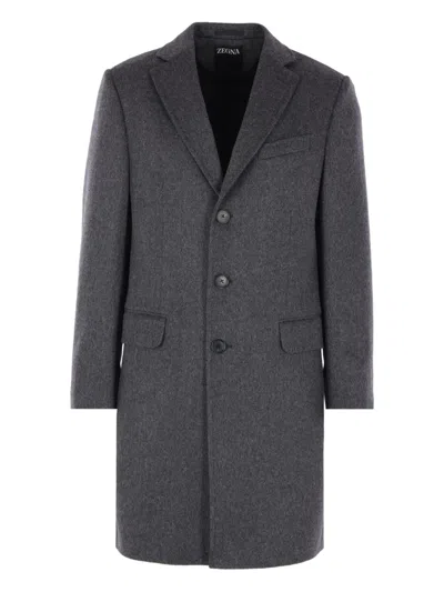 Zegna Single-breasted Buttoned Coat In Gray