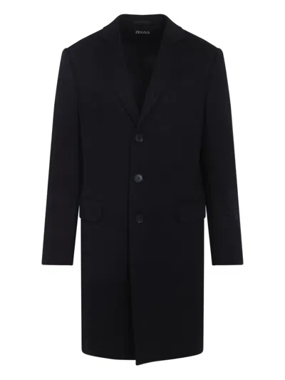 Zegna Wool Blend Overcoat Notch Lapel Design In Black