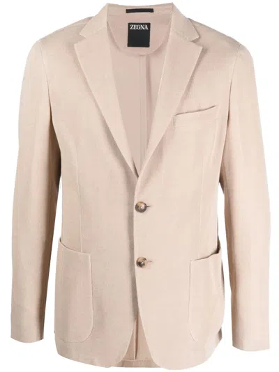 Zegna Single-breasted Cotton Jacket In Neutrals