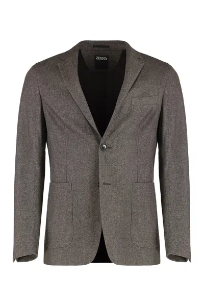 Zegna Single-breasted Jacket In Wool Blend In Brown