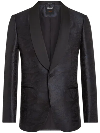 Zegna Jacquard Single-breasted Blazer In Black