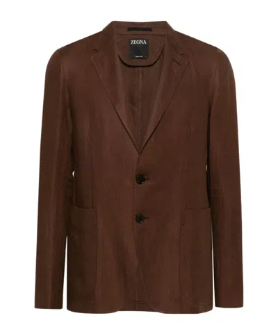 Zegna Single-breasted Linen Blazer In Brown