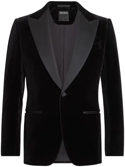 Zegna Single-breasted Velour Blazer In Black