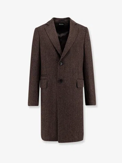Zegna Long Single-breasted Wool Coat With Flap Pockets In Brown