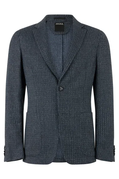 Zegna Single-breasted Cashmere-linen Blend Jacket In Blue