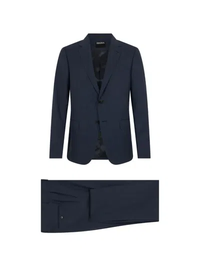 Zegna Single-breasted Wool Suit In Blue