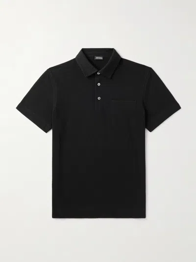 Zegna Regular Fit Cotton Subtle Pocket Polo Shirt In Black