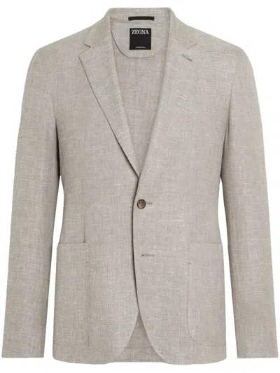 Zegna Light Brown Crossover Linen Wool And Silk Blend Jacket