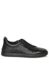 Zegna Textured Leather Round Toe Sneakers In Black