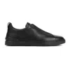 Zegna Textured Leather Round Toe Sneakers In Black