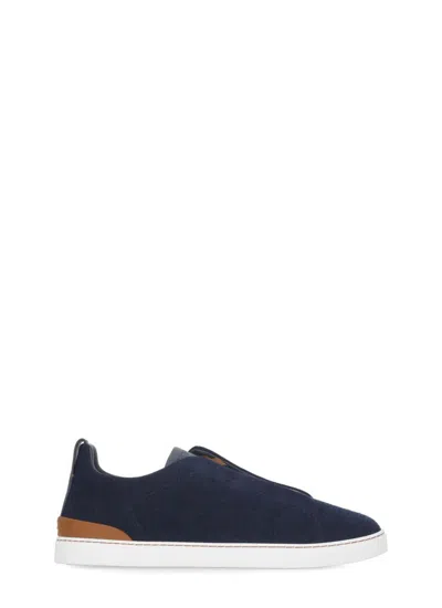 Zegna Triple Stitch Leather-trimmed Canvas Sneakers In Blue