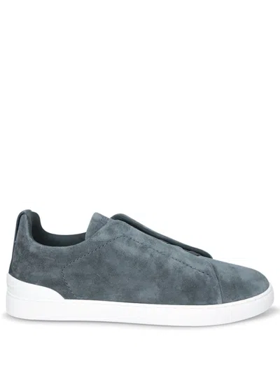 Zegna Men's Triple-stitch Suede Slip-on Low-top Sneakers In Blue