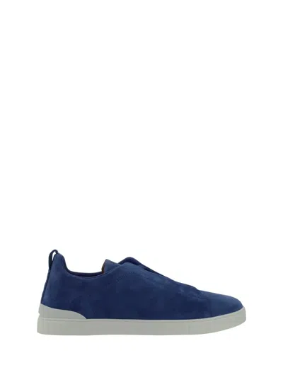 Zegna Triple Stitch Low Top Sneakers In Blue Medio Unito