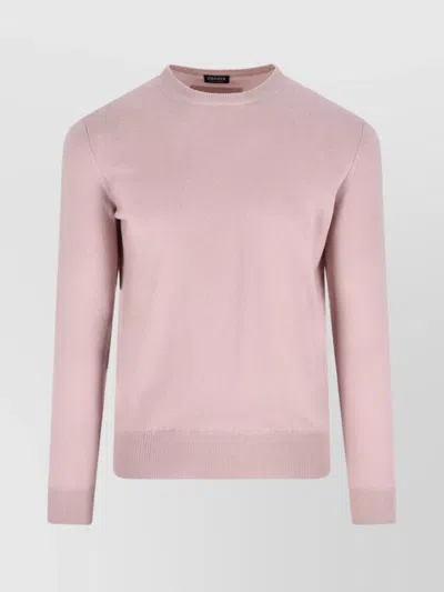 Zegna Soft Textured Crew Neck Long Sleeve Sweater In Pink