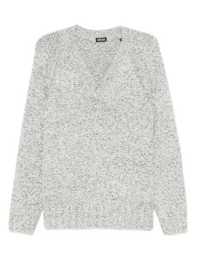 Zegna Textured Knit V-neck Long Sleeve Sweater In Gray
