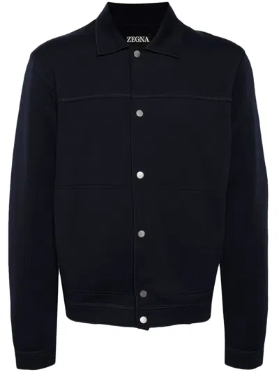 Zegna Spread-collar Knitted Cardigan In Blue