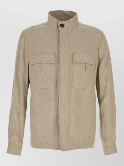 Zegna Stand Collar Jacket Buttoned Cuffs Front Pockets In Neutral