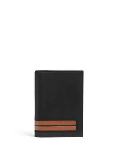 Zegna Stripe-detail Leather Passport Case In Black
