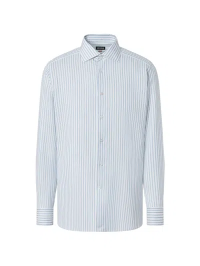 Zegna Teal Blue And White Striped Cotton Linen And Silk Shirt