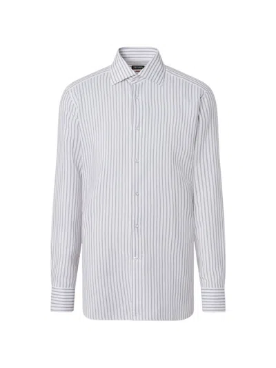 Zegna Dark Brown And White Striped Cotton Linen And Silk Shirt