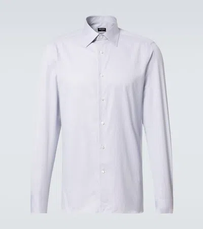 Zegna Striped Cotton Shirt In White And Navy Blue
