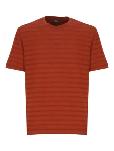 Zegna Striped Pattern Crew Neck T-shirt In Brown